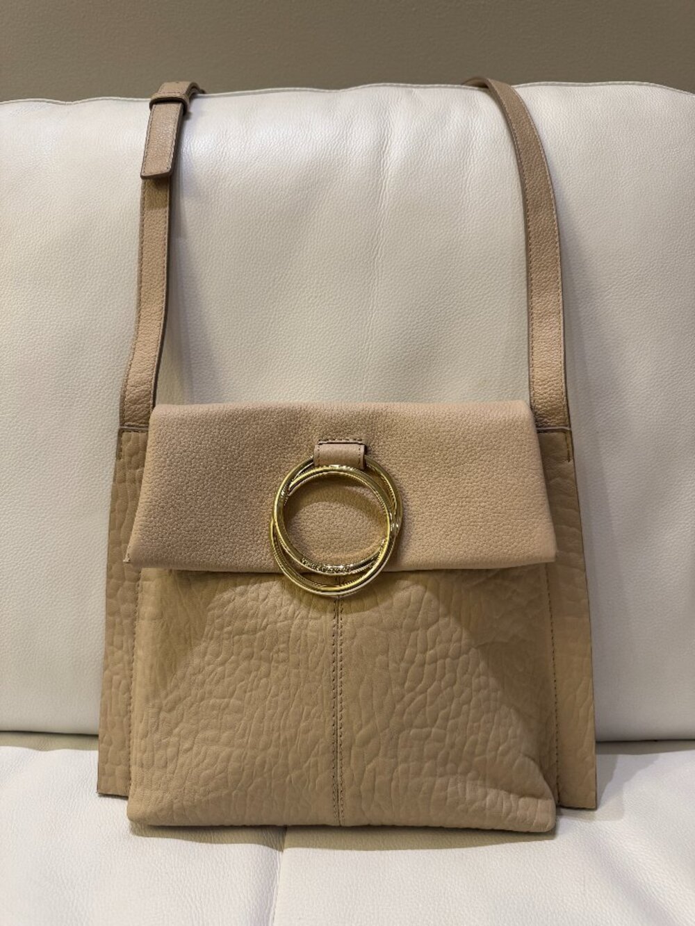 Vince Camuto Leather Crossbody Bag Taupe O-Ring Flap Adjustable Strap
